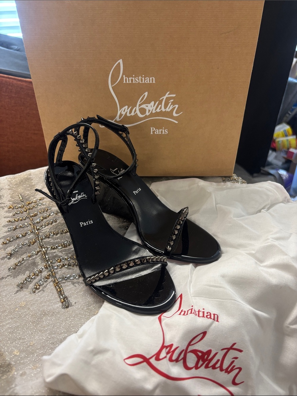 Christian Louboutin Black Patent Studded Ankle-Strap Heels so me wedge 85